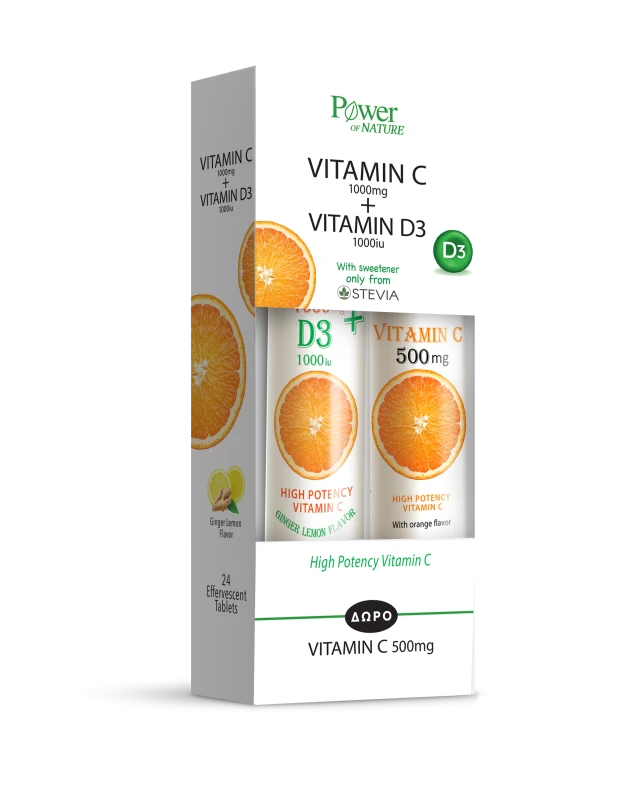 Power Health Βιταμίνη C 1000mg + Βιταμίνη D3 1000iu με Stevia 24 eff.tabs + Δώρο Βιταμίνη C 500mg 20eff.tabs