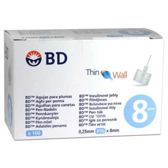 BD Thin Wall Αποστειρωμένες Βελόνες για Πένες Ινσουλίνης Διαστάσεις 0.25x8mm (31G) 100τμχ