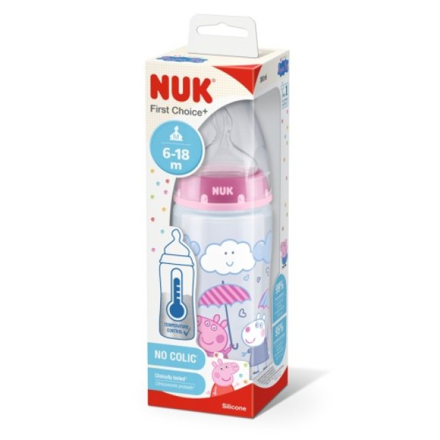 NUK Peppa Pig Ροζ Μπιμπερό Πλαστικό First Choice+ με Δείκτη Ελέγχου Θερμοκρασίας και Θηλή Σιλικόνης M 6-18m 300ml