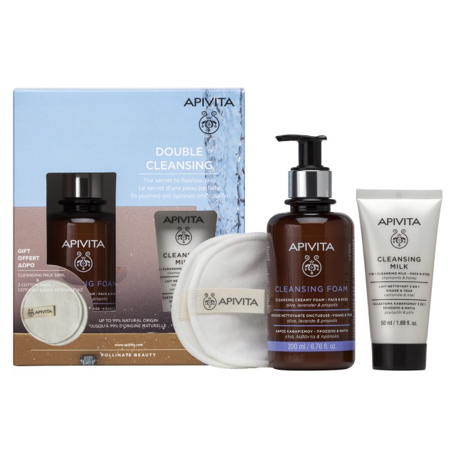 Apivita Set Apivita Cleansing Foam Κρεμωδης Αφρός Καθαρισμού με Ελιά & Λεβάντα 200ml + Δώρο Cleansing Milk 3 In 1 Cleansing Milk for Face & Eyes 50ml + Cotton Pads 2τμχ