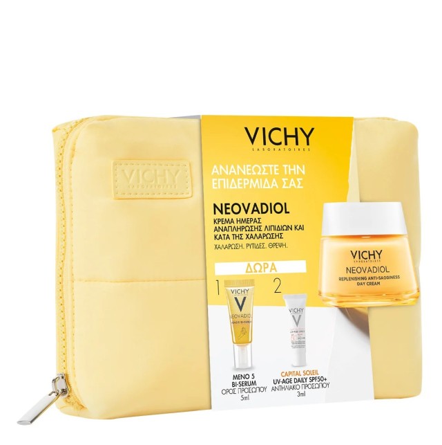 Vichy Promo με Neovadiol Replenishing Anti-Sagginess Day Cream Κρέμα Ημέρας για Αναπλήρωση Λιπιδίων κατά της Χαλάρωσης, 50ml & Δώρο Neovadiol Meno 5 BI-Serum Ορός Προσώπου, 5ml, Capital Soleil UV-Age Daily SPF50+ Αντηλιακό Προσώπου, 3ml & Νεσεσέρ, 1σετ