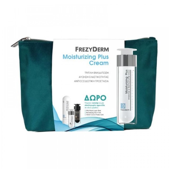 Frezyderm Promo Moisturizing Plus Cream Ενυδατική Κρέμα Προσώπου για Ξηρό Δέρμα 50ml + ΔΩΡΟ Νεσεσέρ με Mild Wash Liquid 15ml, Revitalizing Serum 5ml, Velvet Colors Medium 2ml