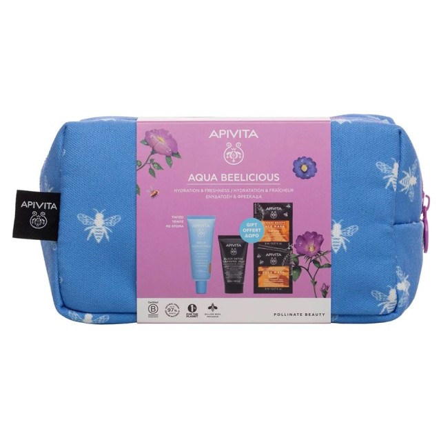 Apivita Set Aqua Beelicious Λεπτόρρευστη κρέμα Ενυδάτωσης SPF30 Tinted 40ml + Δώρο Μαύρο Gel Καθαρισμού για Πρόσωπο και Μάτια 50ml + Μάσκα Προσώπου με Μέλι για Ενυδάτωση & Θρέψη 2x8ml