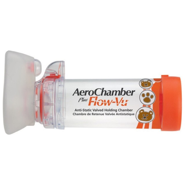 AeroChamber Plus Flow-Vu Bρεφικός Aεροθάλαμος Eισπνοών με Μικρή Mάσκα για 0-18 Μηνών με Πορτοκαλί Χρώμα 1τμχ