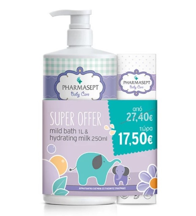 PHARMASEPT Baby Care Πακέτο Mild Bath Βρεφικό Αφρόλουτρο 2in1, 1lt & Δώρο Hydrating Milk Βρεφικό Ενυδατικό Γαλάκτωμα, 250ml
