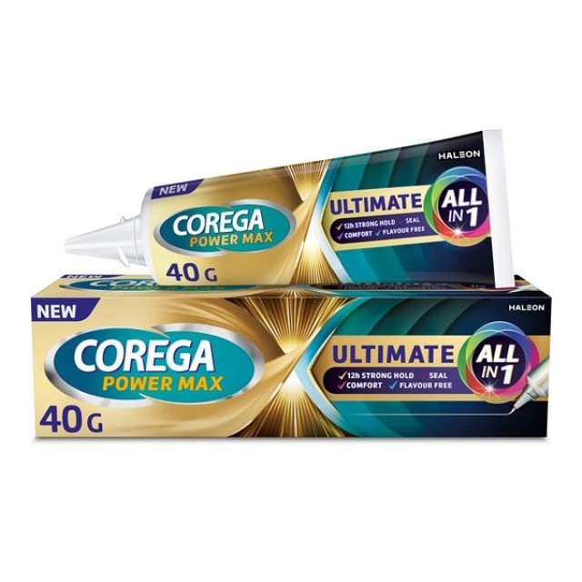 Corega Power Max Ultimate All In One Στερεωτική Κρέμα Τεχνητής Οδοντοστοιχίας Για Ακόμα Μεγαλύτερη Δύναμη Μασήματος 40gr