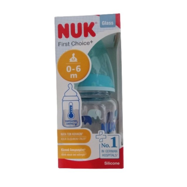 NUK First Choice+ Γυάλινο για 0-6m με Δείκτη Ελέγχου Θερμοκρασίας & Μεσαίας Οπής Θηλή Σιλικόνης 120ml