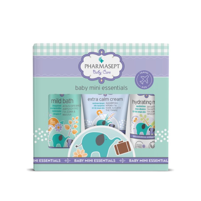 Pharmasept Baby Care Mini Essentials Σετ Περιποίησης Βρέφους με Baby Care Mild Bath Απαλό Βρεφικό Αφρόλουτρο για Σώμα & Μαλλιά, 100ml, Extra Calm Cream Αδιάβροχη Κρέμα Αλλαγής Πάνας, 40ml & Hydrating Milk Ενυδατικό Γαλάκτωμα για Σώμα & Πρόσωπο, 40ml, 1σετ