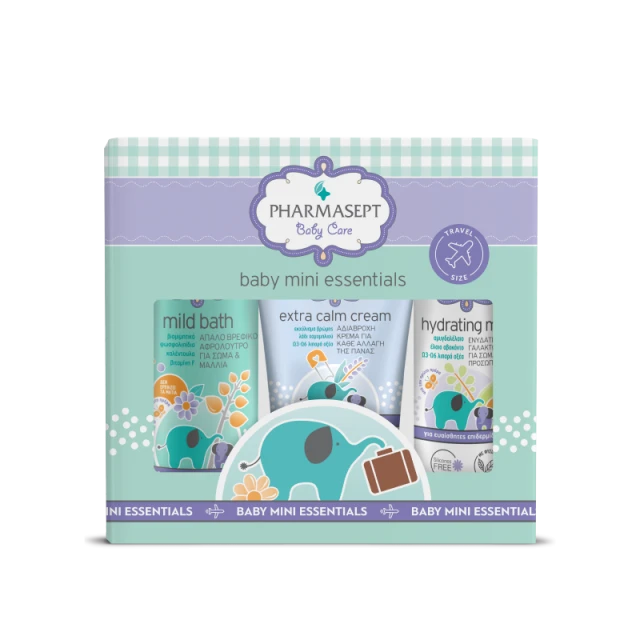 Pharmasept Baby Care Mini Essentials Σετ Περιποίησης Βρέφους με Baby Care Mild Bath Απαλό Βρεφικό Αφρόλουτρο για Σώμα & Μαλλιά, 100ml, Extra Calm Cream Αδιάβροχη Κρέμα Αλλαγής Πάνας, 40ml & Hydrating Milk Ενυδατικό Γαλάκτωμα για Σώμα & Πρόσωπο, 40ml, 1σετ