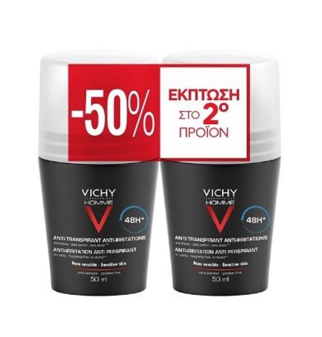 Vichy Promo Anti-Transpirant 48h Roll On Ανδρικό Αποσμητικό για Ευαίσθητες Επιδερμίδες -50% Έκπτωση στο 2ο προϊόν, 2x50ml