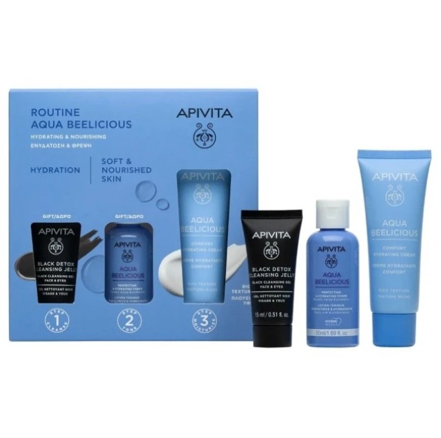 Apivita Promo Αqua Beelicious Ενυδάτωση & Θρέψη με Αqua Beelicious Comfort Hydrating Cream Ενυδατική Κρέμα Πλούσιας Υφής, 40ml & Δώρο Αqua Beelicious Ενυδατικό Τόνερ, 50ml & Black Dettox Gel Καθαρισμού, 15ml, 1σετ