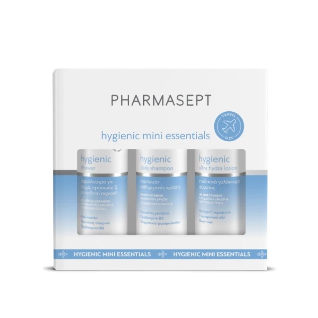Pharmasept Hygienic Mini Essentials Σετ Περιποίησης με Hygienic Daily Shampoo Σαμπουάν, 100ml, Hygienic Shower Αφρόλουτρο, 100ml & Hygienic Ultra Hydra Lotion Λοσιόν Σώματος, 80ml, 1σετ