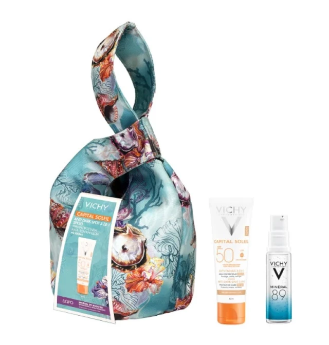 VICHY Τσαντάκι Capital Soleil Anti-Dark Spot Αντηλιακή Κρέμα Προσώπου με Χρώμα κατά των Κηλίδων SPF50, 50 ml + Δώρο Mineral 89 Booster, 10 ml