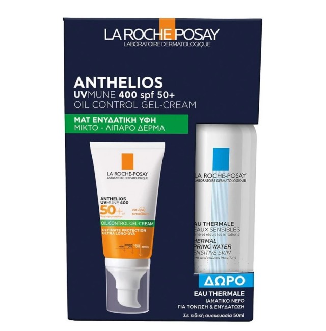 La Roche Posay Promo Anthelios Uvmune 400 Oil Control Gel Cream SPF50+ Αντηλιακή Κρέμα Προσώπου για Ματ Αποτέλεσμα με Άρωμα, 50ml & Δώρο Eau Thermale Ιαματικό Νερό, 50ml, 1σετ