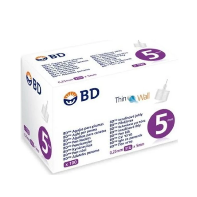 BD Thin Wall  Αποστειρωμένες Βελόνες για Πένες Ινσουλίνης Διαστάσεις 0.25x5mm (31G) 100τμχ