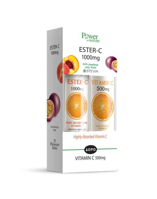 Power Health Vitamin Ester-C 1000mg με Στέβια 20 eff tabs & Δώρο Vitamin C 500mg Πορτοκάλι 20eff tabs
